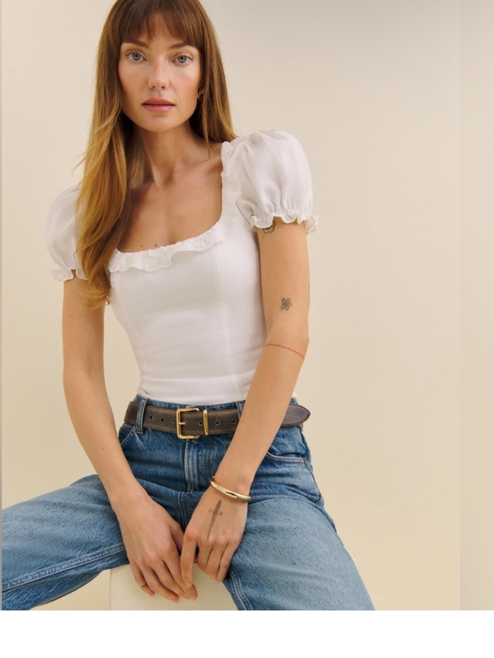 Reformation White Square Neck Puff Sleeve Crop Top